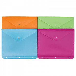 POCHETTE PLASTIQUE, 3 TROUS & VELCRO, COULEUR ASST.